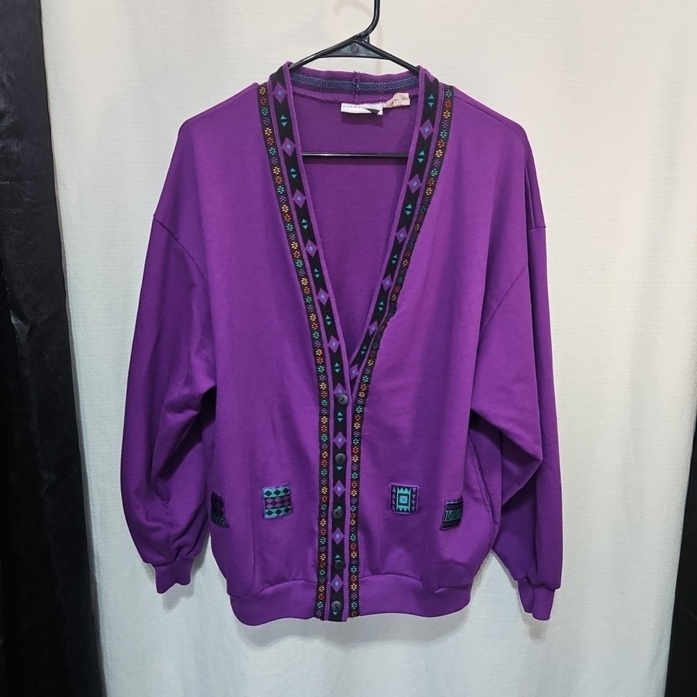 Vtg Hang Ten Sz Small Cardigan Purple Aztec Tribal Southwestern Made in USA